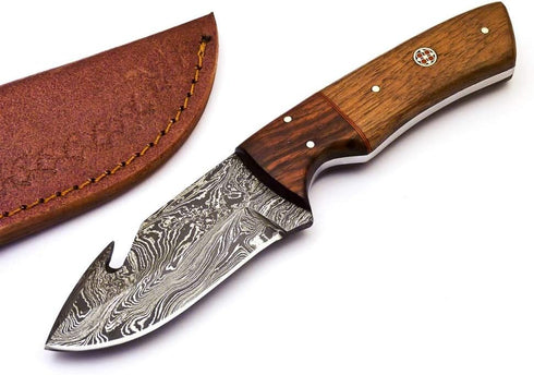 Rare Custom Damascus Fuller Gut Hook Knife, Skinning Knife, Hunting Knife, Outdoor Knife, Camping Knife, Color Wood