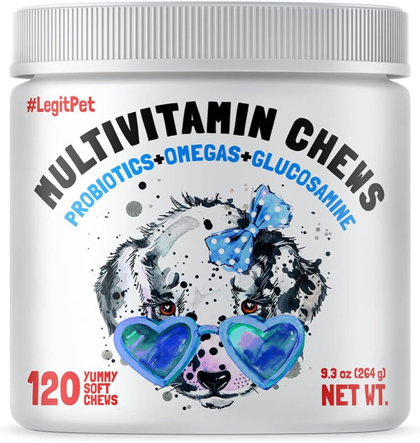 Dog Vitamins - 120 Chews with Glucosamine Chondroitin, Probiotics Digestive Enzymes, Supplement for Joint and Immune
