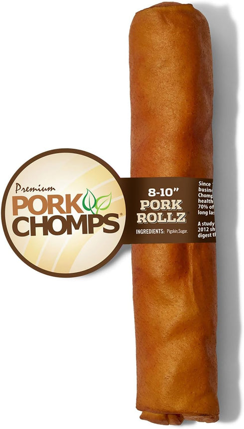 8 Inch 1 Count Pork Chomps Roasted Pork Skin Dog Chew, Roll, - Long-Lasting Treats for Dogs - High Protein