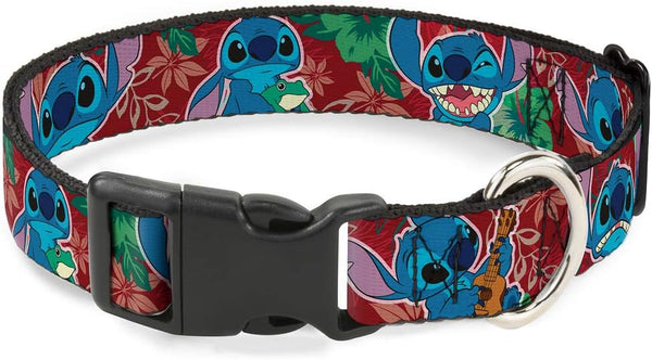 Buckle-Down Plastic Clip Collar - Stitch 6-Expressions Tropical Flora Burgundy Reds/Greens - 1" Wide