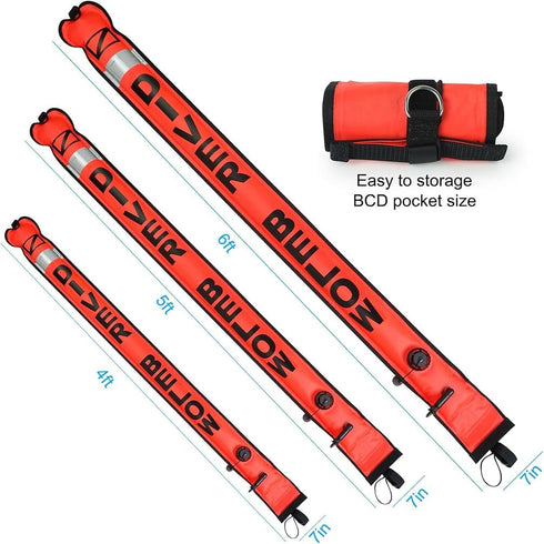 7in 4ft/5ft/6ft Luwint Surface Marker Buoy Width x Tall, Scuba Diving SMB Safety Sausage Signal Tube, Hi-Visibility