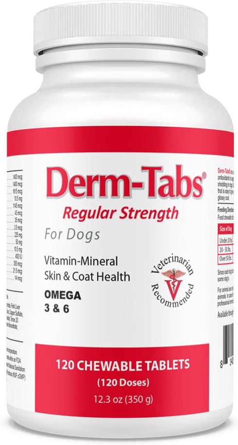 Derm Tabs Regular Strength for Dogs - 120 Chewable Tablets for Healthy Skin & Reduced Shedding