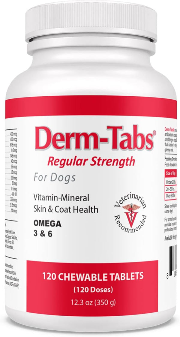 Derm Tabs Regular Strength for Dogs - 120 Chewable Tablets for Healthy Skin & Reduced Shedding