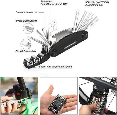Multi-Function Bike Repair Tool Kits - 16-in-1 with Bicycle Saddle Bag, Mini Pump 120 PSI & Puncture Kit