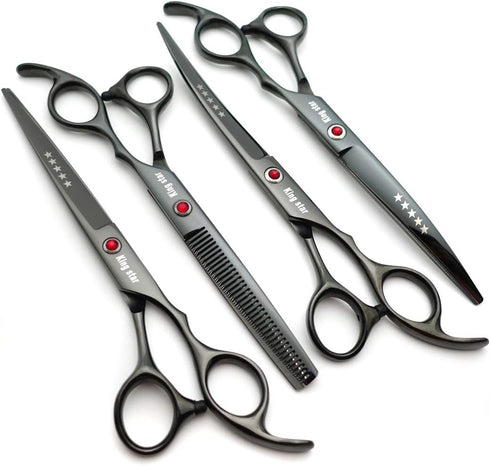 7.0in Titanium Black Professional Pet Grooming Scissors Set, 4pcs Straight & Thinning & Curved for Dog Grooming