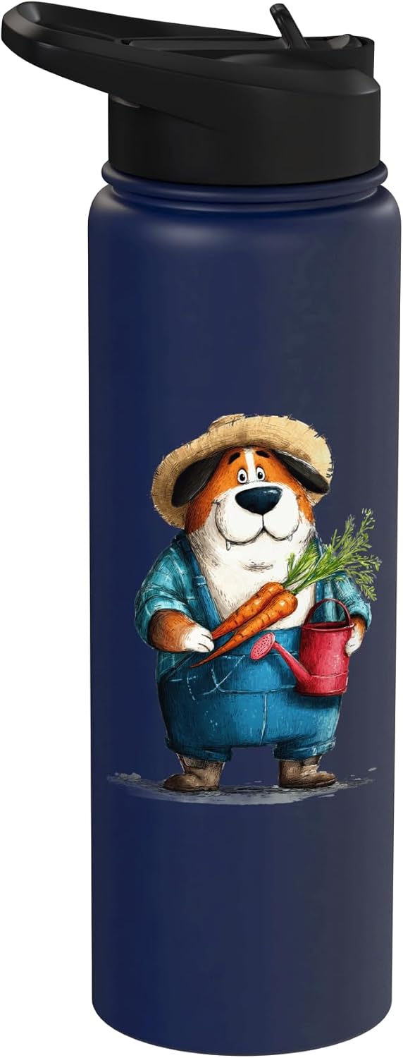 Garden Pup Designs Cute Farmer Dog Carrots Watering Can Garden Stainless Steel Insulated Water Bottle