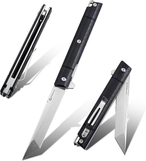 Flipper Pocket Folding Knife, DC53 Steel Blade and Black G10 Handle, with