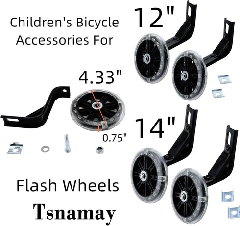 Pair of Bicycle Auxiliary Wheel, Children's Bicycle Accessories for 14", Flash Wheels Training Wheels for Kids Bike