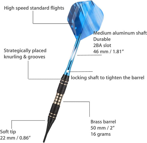 Soft Tip Darts Set - 18/20 Grams Professional Darts with Brass Barrel, Aluminum Shafts, 50 Rubber O-Rings