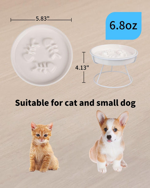 Slow Feeder Cat Bowl, Ceramic Elevated Cat and Dog Food Bowls, with Metal Stand, Promotes Healthy Eating, Prevents Vomiting and Indigestion, Cute Pet Bowl for Indoor Cat Adorable Whisker-Friendly