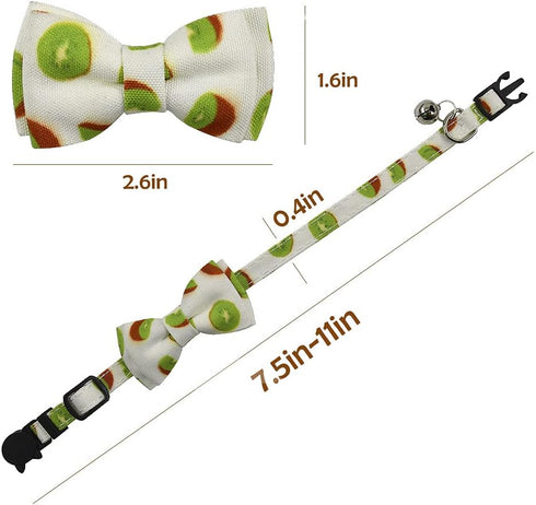 Cat Collar Bow Tie with Bell, Breakaway Kitten Collar, Cool Fruits Design, Adjustable 7.5-11in (Kiwi)