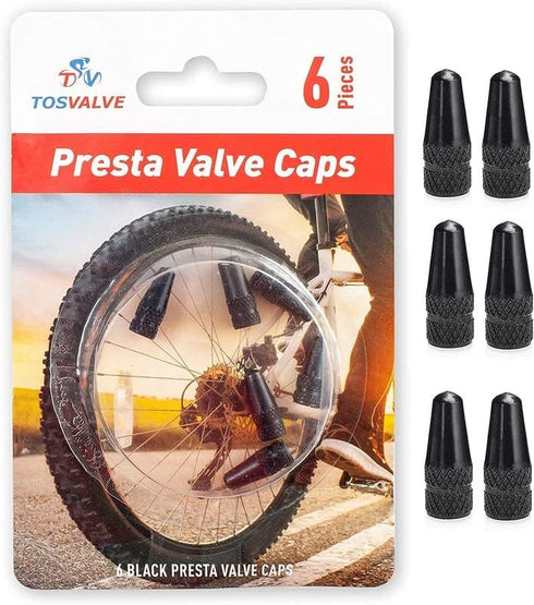 Presta Valve Cap Set of 6, Anodized Aluminum Alloy Tire Air Valve Caps for Cycling, Black