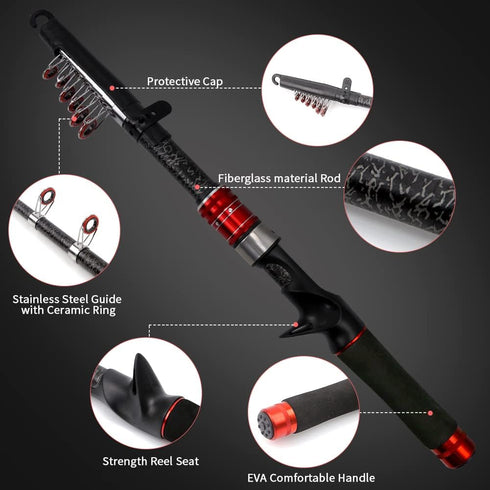 Telescopic Fishing Rod and Reel Combos, Carbon Fiber Fishing Rod with Stainless Steel Baitcasting Reel