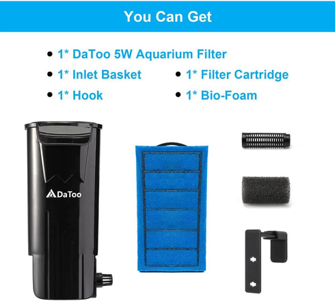 DaToo Aquarium Power Filter, Ultra Silent Small Fish Tank Filter 5W for 10 to 20 Gallon Tanks