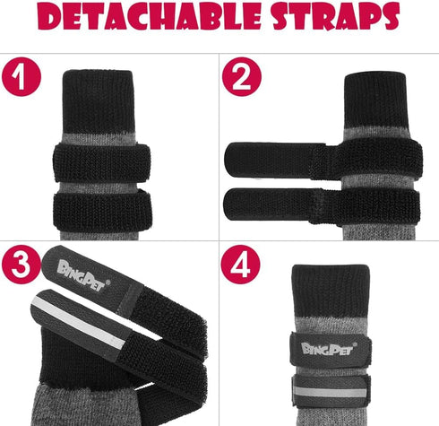 BINGPET Anti-Slip Dog Socks, Waterproof Paw Protectors with Reflective Straps, 4pcs Dog Boots for All Season