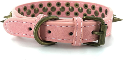 Bronze Pointed Stud Anti-Bite Spiked Studded Dog Collar, Pink, S