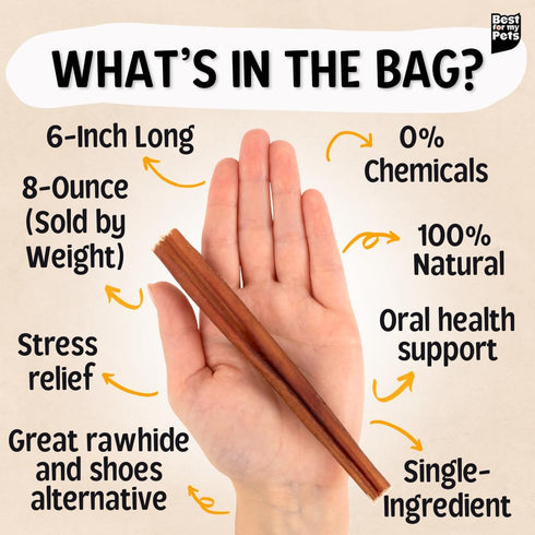 6Inch 8 oz Best For My Pets OdorFree Beef Bully Sticks, Bag - SingleIngredient, LongLasting Natural Dental Dog Chews