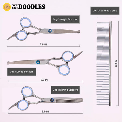 4 Set Dog Grooming Scissors Kit with Rounded Blunt Tips, Straight, Curved & Thinning Shears, Tools for Goldendoodles