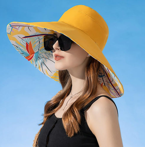 Super Wide Brim Packable Sun Hat for Women, Reversible Double-Sided UV Protection Beach Bucket Cap