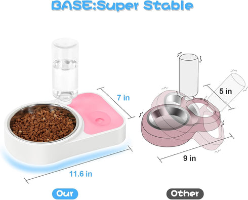 Double Dog Cat Bowls, 6.9" Dia Food Bowl and 11.6" L Water Bowl with Automatic Water Dispenser, Stainless Steel for
