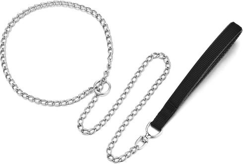 Metal Dog Leash - Integrated Collar and 4ft Chew Proof Chain Leash with Padded Handle for Large Medium Dogs