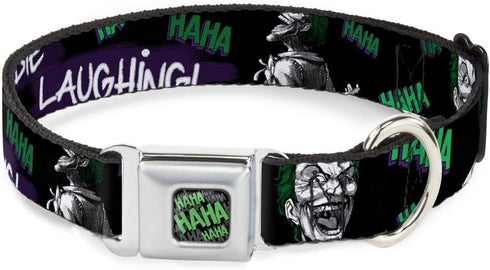 Dog Collar Seatbelt Buckle, Joker Die Laughing Haha, Black Purple Green, 15 to 26 Inches Wide