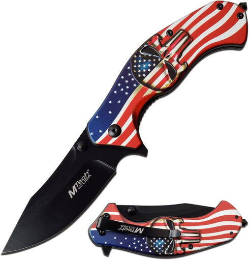 MTech USA MT-A1025A Spring Assist Folding Knife, Black Straight Edge Blade, American Flag Handle