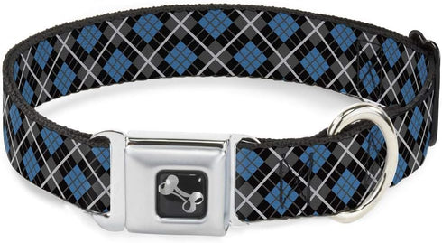 Buckle-Down Seatbelt Buckle Dog Collar, Argyle Black/Gray/Turquoise, 1.5" Wide, Fits 18-32" Neck, Large