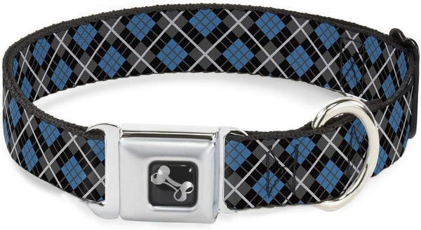 Buckle-Down Seatbelt Buckle Dog Collar, Argyle Black/Gray/Turquoise, 1.5" Wide, Fits 18-32" Neck, Large