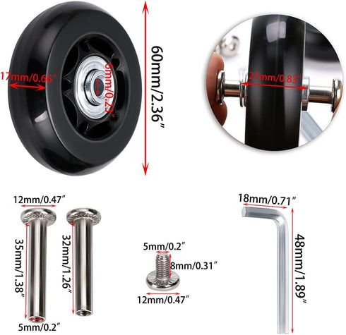OwnMy Luggage Suitcase Replacement Wheels 60mm x 17mm, Rubber Swivel Caster Repair Kits, Set of 2