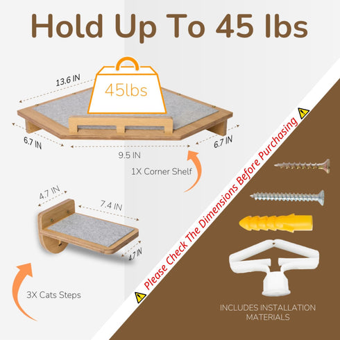 45LBS 3 Cat Wall Shelves with Non-Slips Steps, Space-Saving Mounted Cats Walls Furniture & Shelf with Washable Cushion