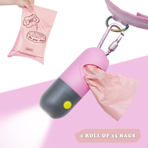15 Dog Poop Bag Holder with LED Flashlight for Night Walks,Silicone Tether & Donut Pattern Clip for Used Bags