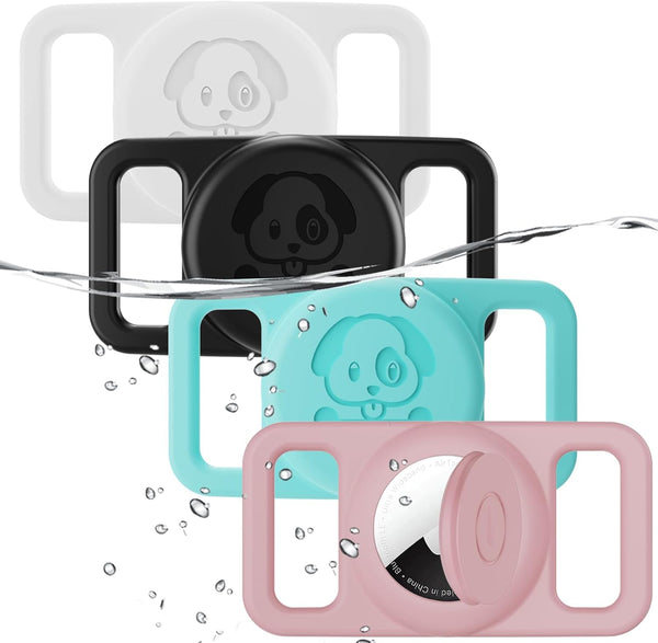 4 Pack Waterproof AirTag Dog Collar Holder, Silicone Hidden Loop for Apple AirTag Tracker (Cyan, White, Black, Pink)