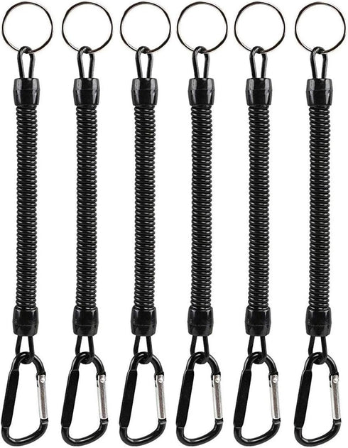 Pack of 6 Fishing Lanyard with Carabiner - Black Coiled Ropes for Secure Pliers, Lip Grips, Tackle Tools