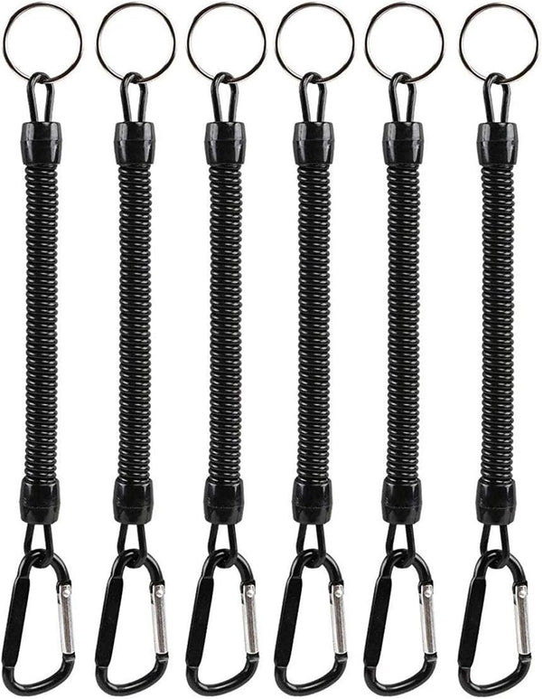 Pack of 6 Fishing Lanyard with Carabiner - Black Coiled Ropes for Secure Pliers, Lip Grips, Tackle Tools