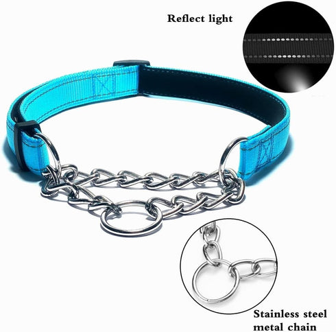Pink Martingale Dog Collar, Reflective Nylon Adjustable Stainless Steel Chain Collar, No Pull Training Collar for Small