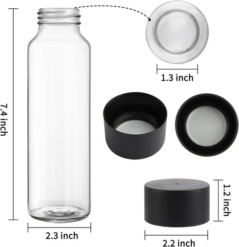 HWASHIN 12 Pack 12oz 350ml Glass Water Bottles, Empty Glass Drink Bottles with Black Lids, Brush & Labels, Clear