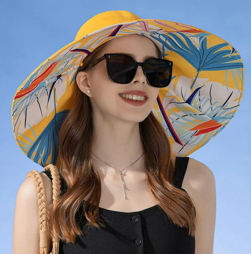Super Wide Brim Packable Sun Hat for Women, Reversible Double-Sided UV Protection Beach Bucket Cap