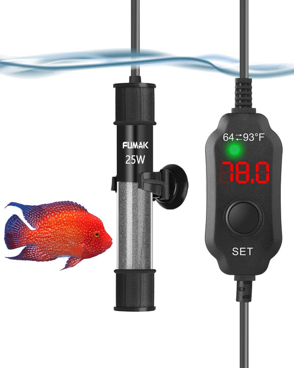 Fumak 25W Adjustable Aquarium Heater, Super Short Submersible Fish Tank Heater with LED Digital Display, 3-5 Gallons