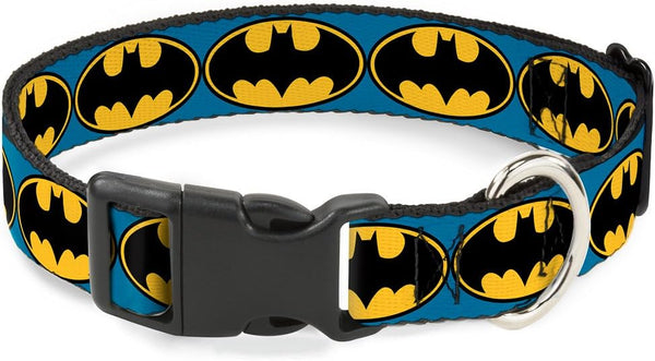 Buckle-Down Plastic Clip Collar - Bat Signal-3 Blue/Black/Yellow, 1.5" Wide, Fits 16-23" Neck