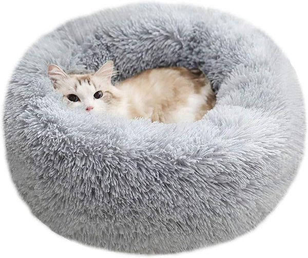 BODISEINT Modern Soft Plush Round Pet Bed for Cats or Small Dogs, Cozy Sleeping Kennel (20'' D x 8'' H, Light Grey)
