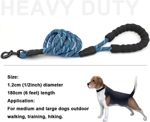 MayPaw Heavy Duty Rope Dog Leash, 3/4/5/6/7/8/10/12/15 FT Nylon Pet Leash with Soft Padded Handle for Large Medium Dogs