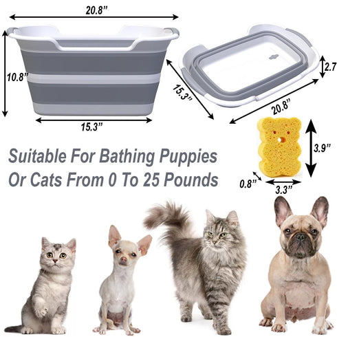 Multi-Functional Collapsible Dog Bathtub with Brush, 7.1 Gal Portable Laundry Basket, Foldable Bathing Tub for Small