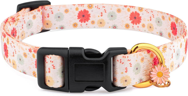Cotton Handmade Dog Collar - Beige Daisy with Pendant for Small Medium Large Dogs, Cute Ideal for Girl Boy Dogs, Large