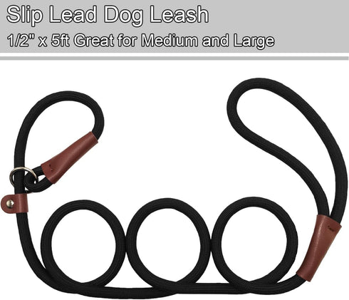 Rope Slip Lead Dog Leash | Heavy Duty 1/2” by 5ft Solid Colors | 7+ Climbing Nylon Round Training Leash for Medium Large