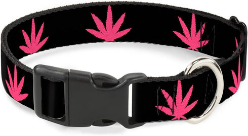 Plastic Clip Collar, Marijuana Leaf Repeat Black Pink, Narrow-Small, 6-9"