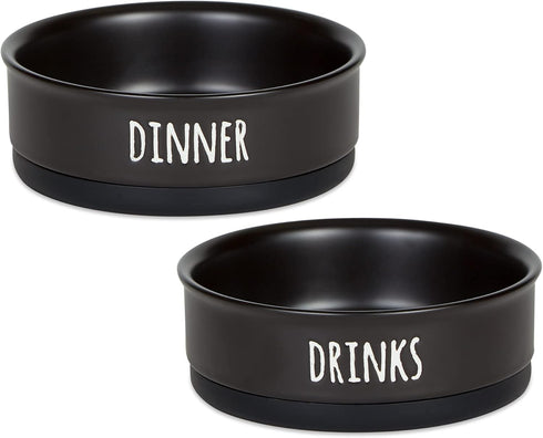 Bone Dry Ceramic Pet Bowls for Dogs & Cats, Dishwasher & Microwave Safe, Non-Slip Bottom, Medium Set, Black