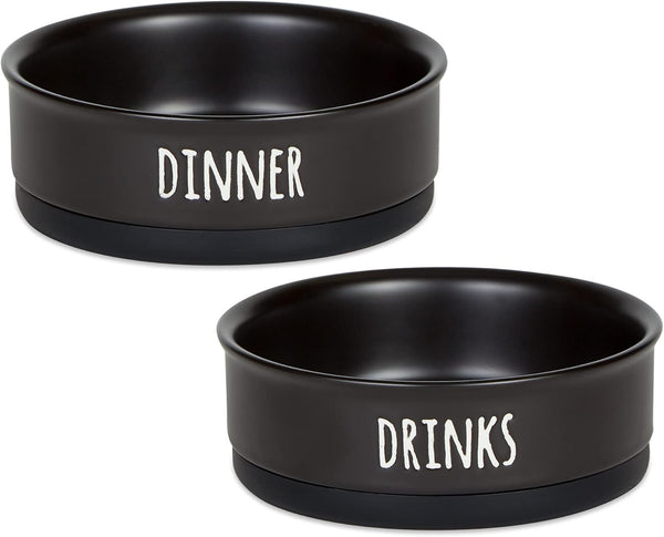 Bone Dry Ceramic Pet Bowls for Dogs & Cats, Dishwasher & Microwave Safe, Non-Slip Bottom, Medium Set, Black
