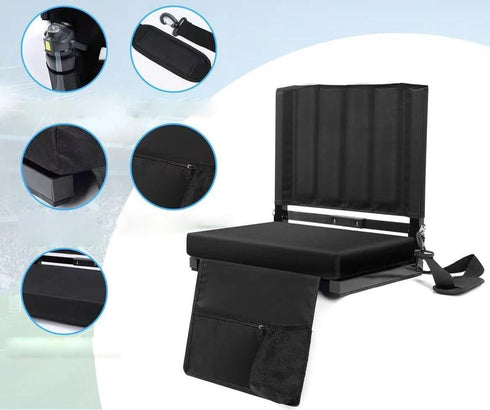 Generic Deluxe Stadium Seat Cushion with Back Support, Black, Portable Folding Chair, Storage Pocket, Padded Bleacher