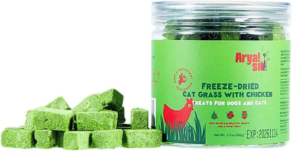 Arya Sit! Freeze-Dried Cat Grass with Chicken Bites Natural Hairball Control Supports